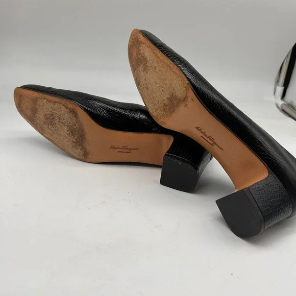 Salvatore Ferragamo Black Croc Leather Block Heel Pump Square Toe Italy Size 7.5 - Picture 3 of 10